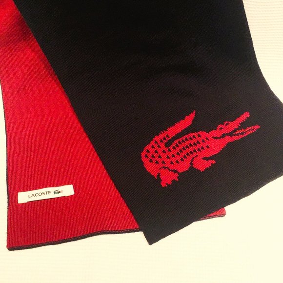 🧣 LACOSTE 100% WOOL REVERSIBLE SCARF - NAVY/BURGUNDY – Excellent condition - Picture 2 of 5
